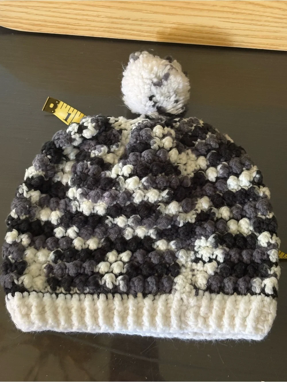 Handmade Pom-Pom Knit Beanie Hat - White, Gray & Black